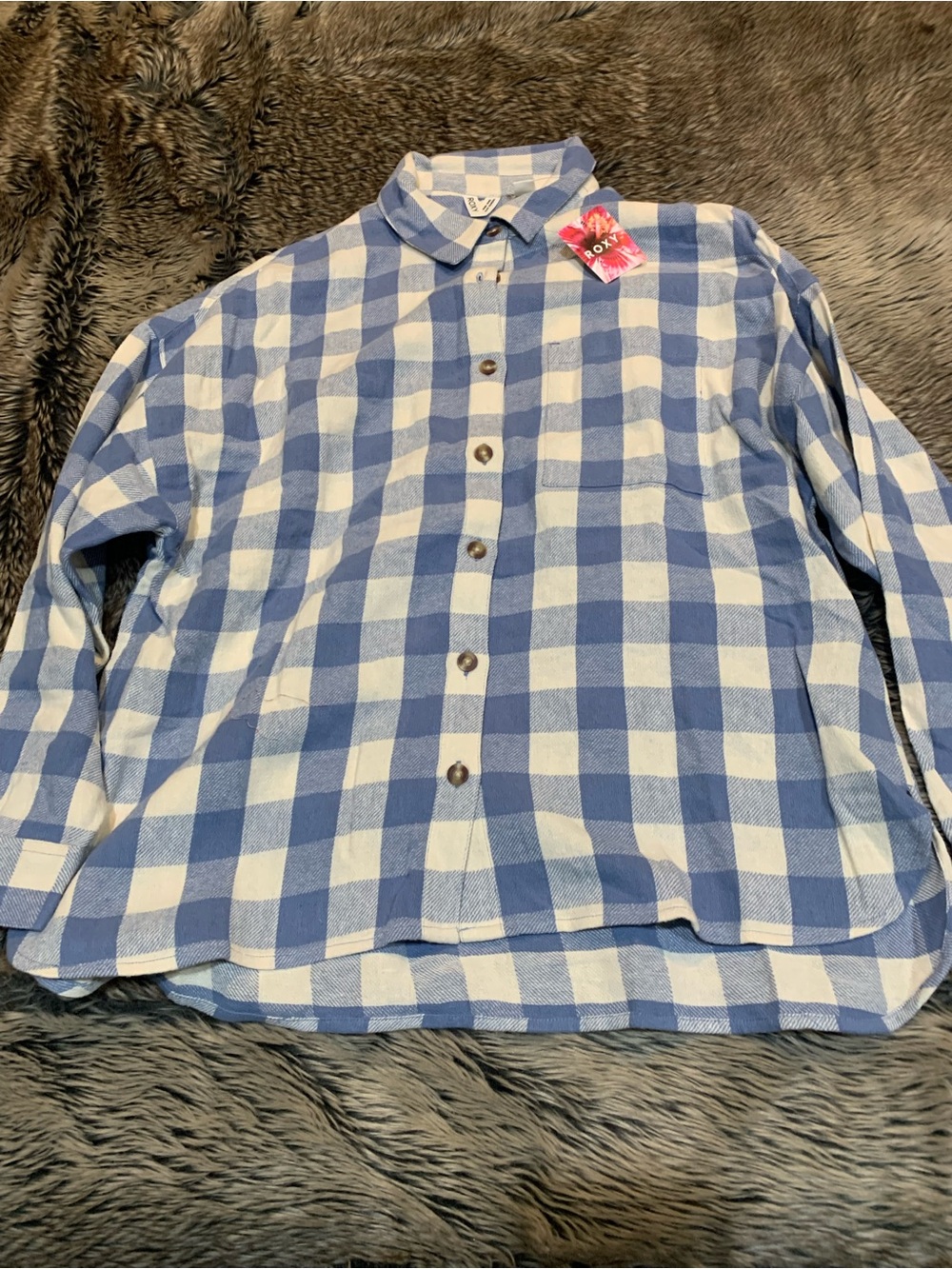 Roxy Lets Get Away Long Sleeve Shirt Button Up Blue Checked Plaid Shirt S NWT